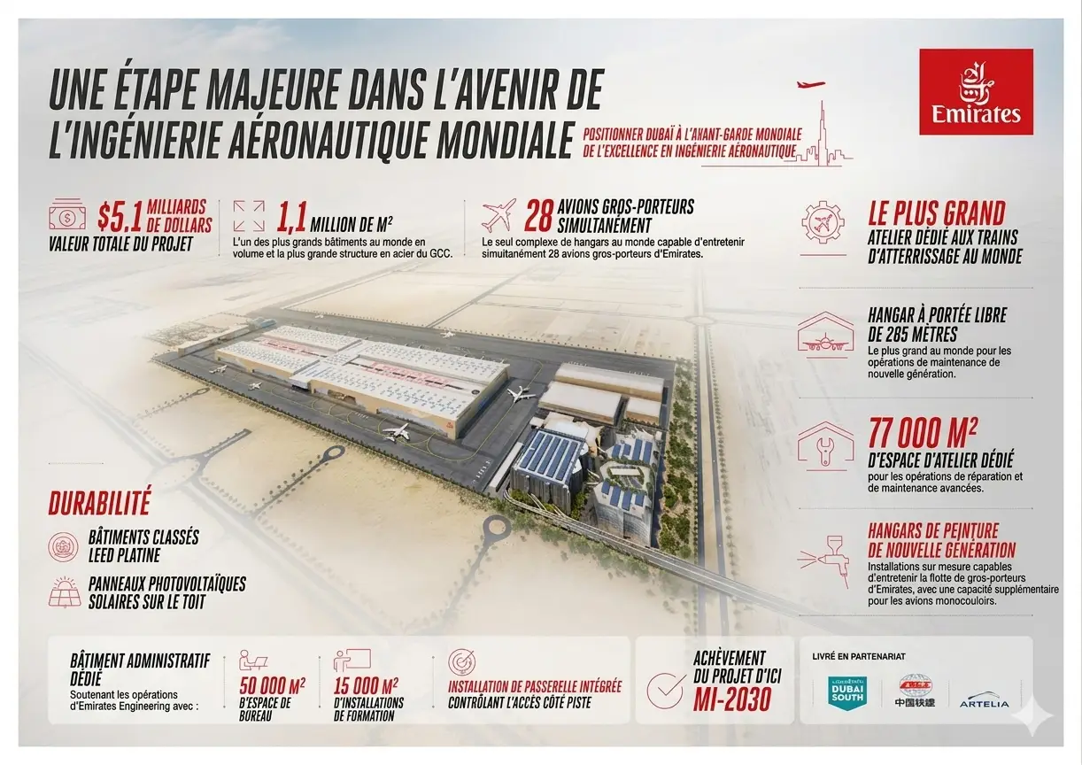 Plan du projet et chiffres Emirates construction complexe d'ingénierie aéronautique à Dubaï South