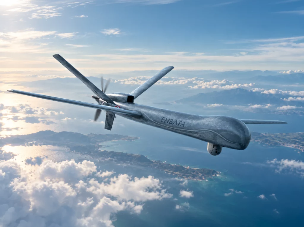 Le drone ENBATA d’AURA M en vol au-dessus de la mer et d’une côte