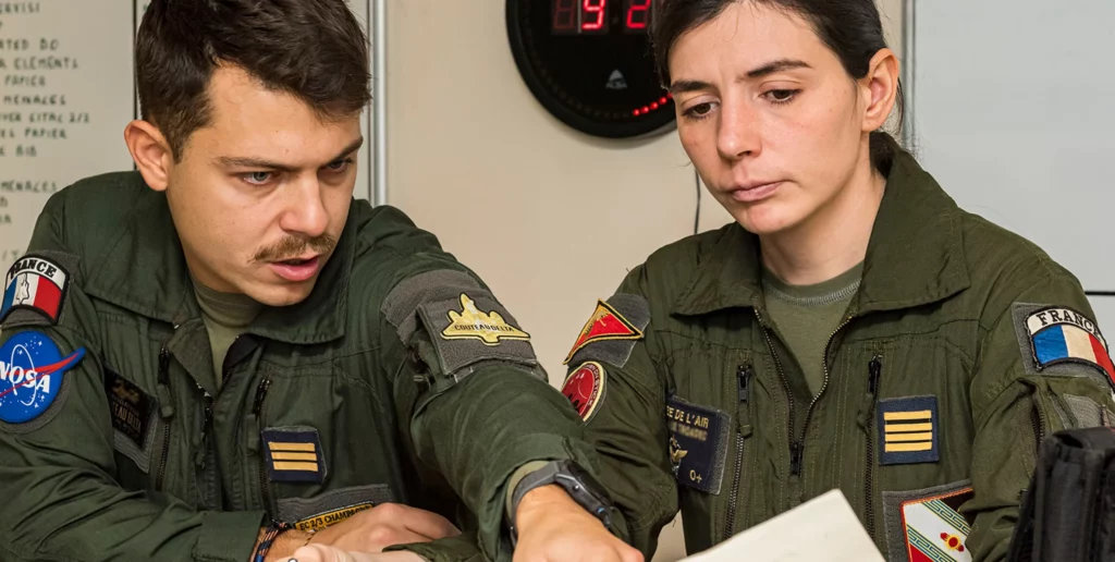 Deux aviateurs de l’armée de l’Air en combinaison de vol, avec leurs galons visibles sur la poitrine